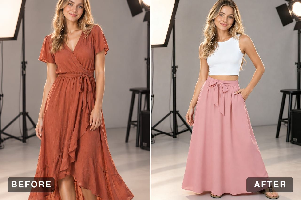 Outfit comparison: a woman in a rust wrap dress, then a white crop top and pink maxi skirt