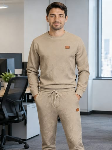 Beige quilted sweatsuit rendered on a model in an office, with embossed texture, ribbed cuffs, and fabric detail preserved